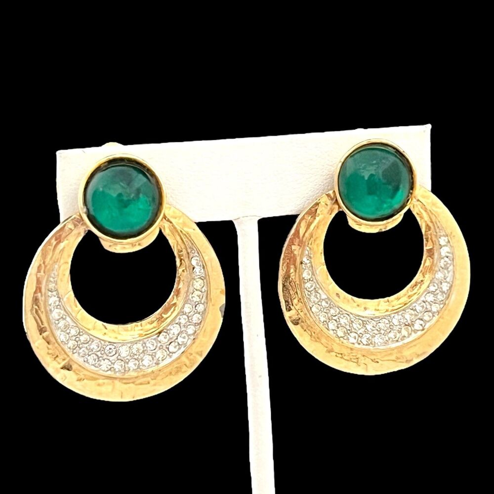Vintage 1980s Door Knocker Earrings Green Cabochon Rhinestone Gold Tone - 9M